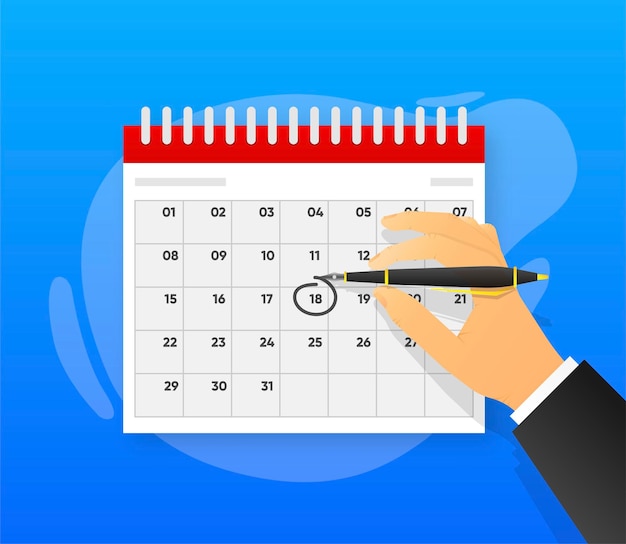 Mão com calendário de marca de caneta Conceito de prazo Planejamento de eventos de negócios Ilustração vetorial
