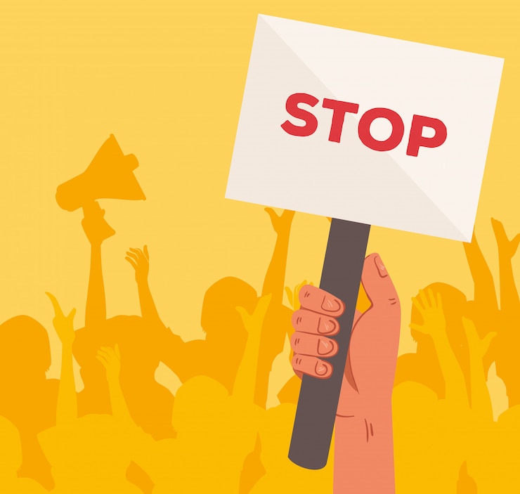 Vetor mão com cartaz de protesto sinal de parada, pessoas segurando banners, ativista com sinal de manifestação de greve, conceito de direitos humanos