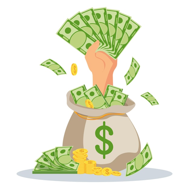 Mão com dinheiro sai de um saco de dinheiro. Empréstimos rápidos a taxas de juros baixas. Assistência financeira, suporte. Ilustração em vetor plana.