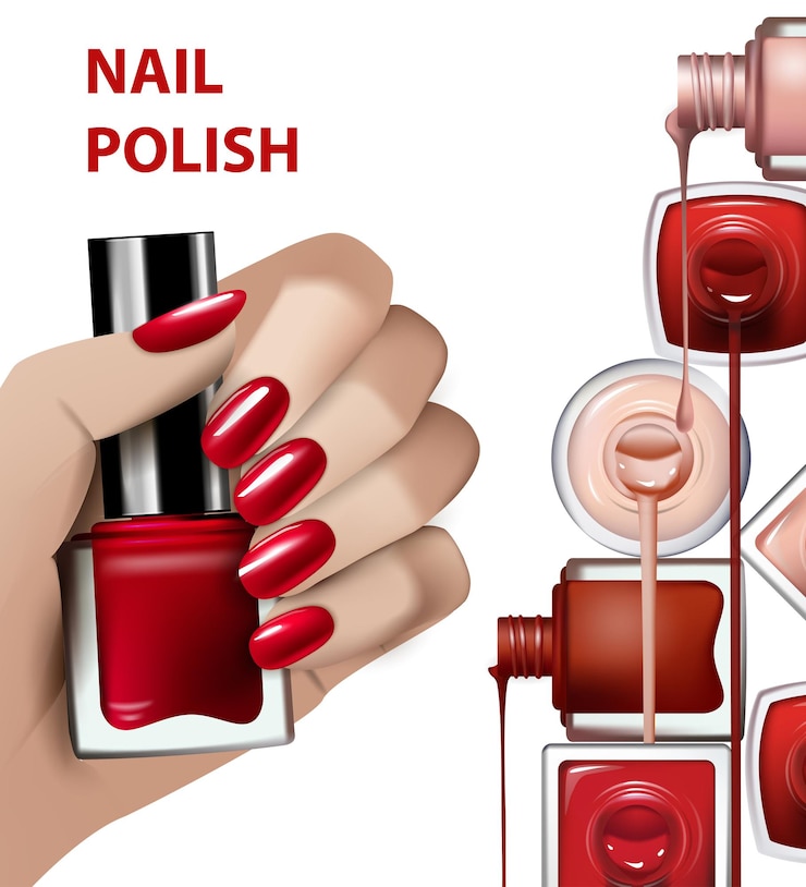 Vetor mão com frasco de esmalte vermelho ilustração de moda e belezamodelo vetorial