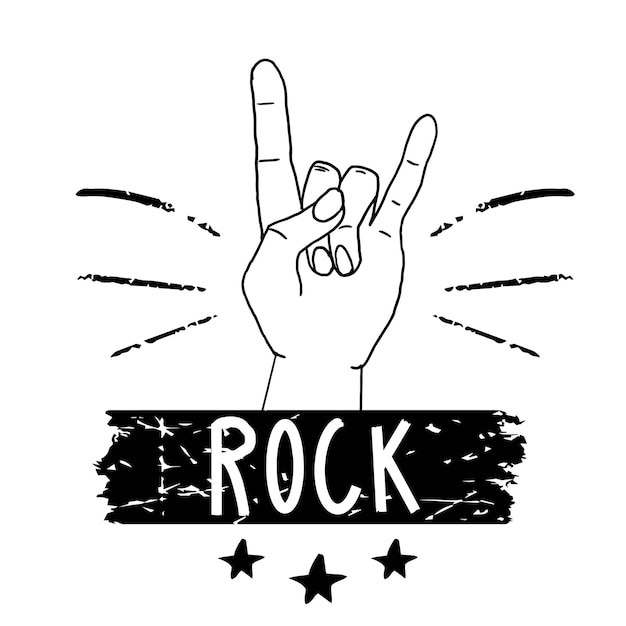 Mão com gesto, texto rock e estrelas doodle emblema, símbolo isolado no fundo branco.