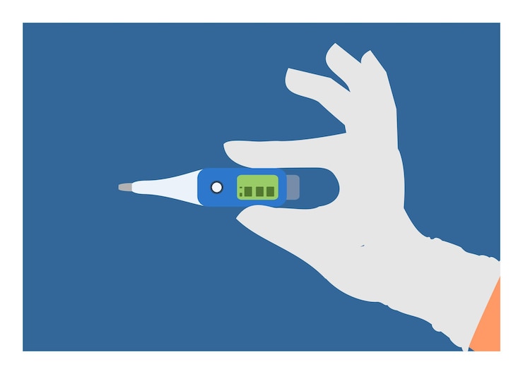 Vetor mão com luvas médicas segurando termômetro digital ilustração plana simples