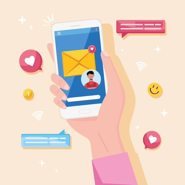 Mão com mensagens de smartphone