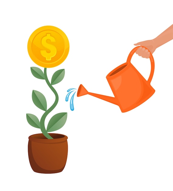 Mão com regador Mão de empresário regando dinheiro de plantas em fundo branco Negócios