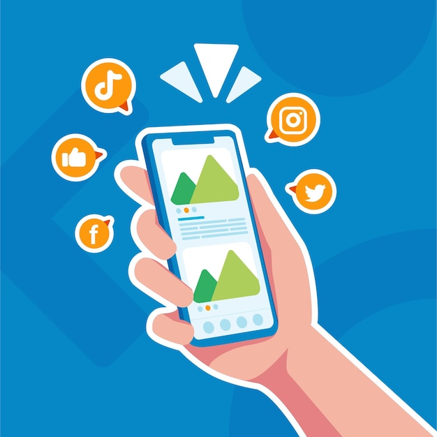 Mão da tela do smartphone com ícones de mídia social