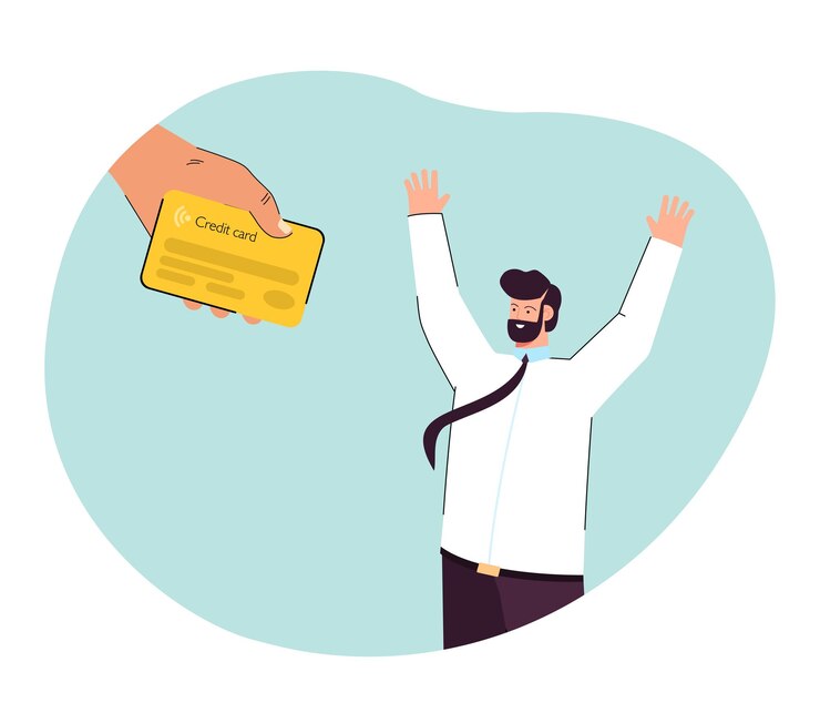 Vetor mão dando cartão de crédito para homem feliz ilustração vetorial plana
