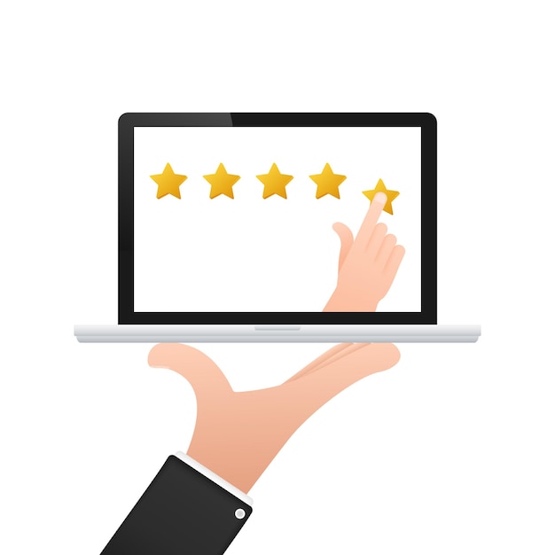 Vetor mão dando uma classificação de cinco estrelas em um conceito de tela de laptop para feedback do cliente e revisão on-line