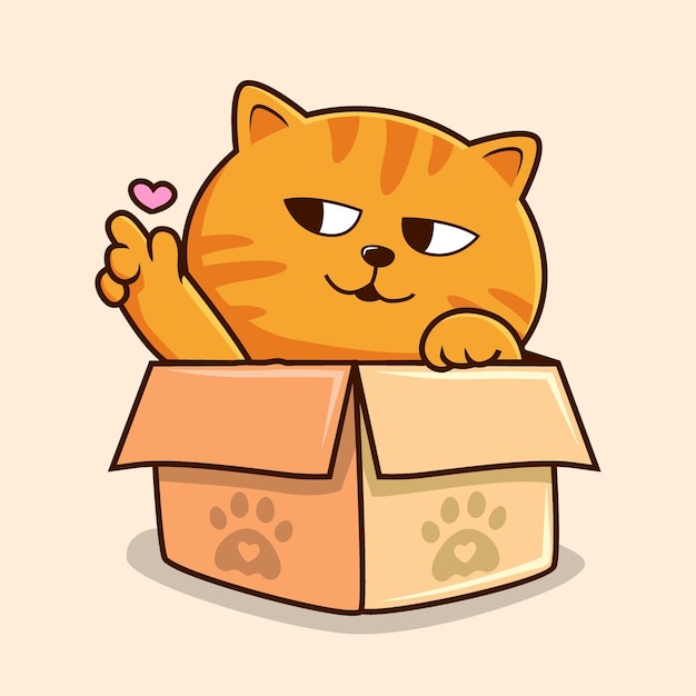 Vetor mão de amor de desenho animado de gato malhado na caixa