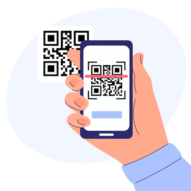Mão de câmera de digitalização de código QR segurando o conceito de smartphone para pagamento ou tudo