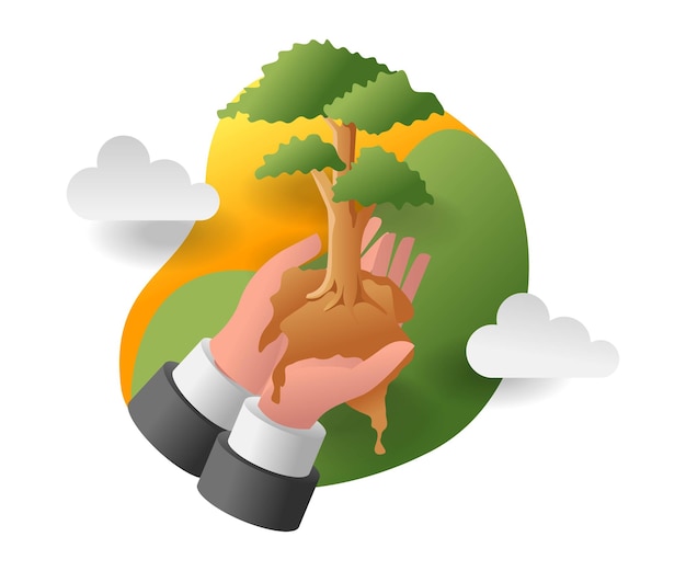 Mão de conceito de ilustração isométrica plana, levantando a árvore verde