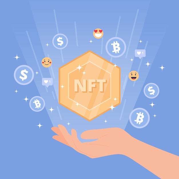 Mão de conceito de token nft segurando token não fungível diferentes ícones de moeda e ícones emoji