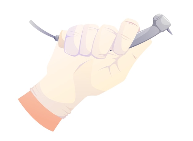 Mão de dentista segurando uma broca dentária Ilustração isolada de desenho animado vetorial de peça de mão de turbina de alta velocidade para tratamento bucal profissional Cuidados odontológicos e conceito de ferramentas médicas