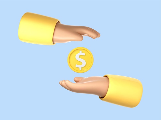 Vetor mão de desenho animado 3d com moeda proteção de dinheiro economia de dinheiro e conceito de negócios vector ilustração 3d