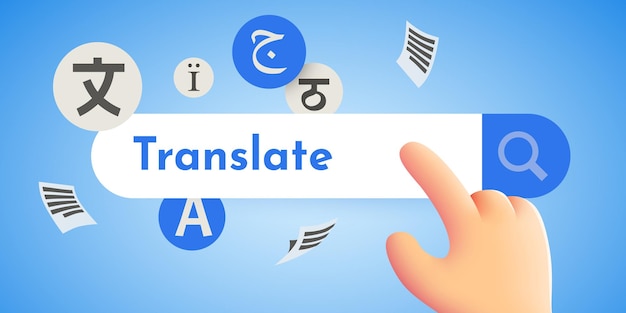 Mão de desenho animado procurando uma tradução usando a Internet