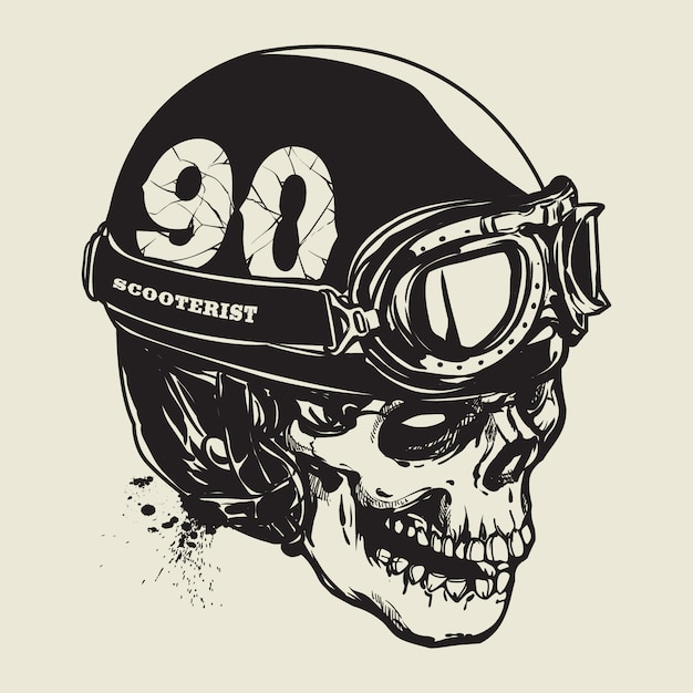 Mão de desenho de crânio usando capacete de moto vintage