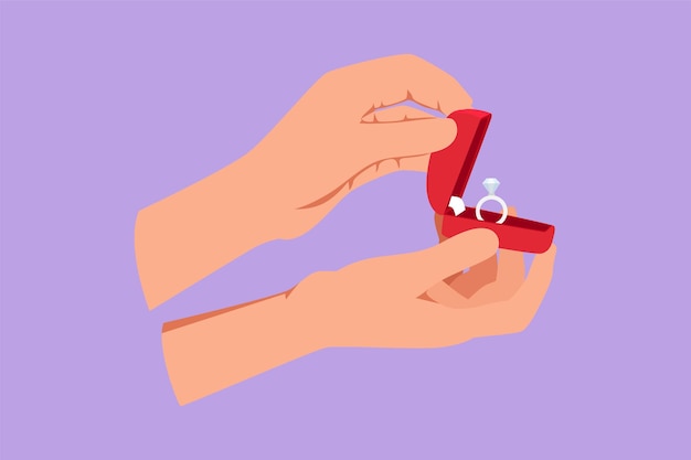 Mão de desenho de design plano gráfico segurando caixa de veludo vermelho para anel presente do noivo para noiva em dia especial dia de celebração da cerimônia de casamento casal feliz no dia do casamento ilustração em vetor estilo cartoon