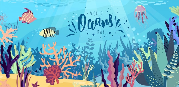 Mão de dia de oceanos do mundo letras de texto. celebração do dia do oceano. ilustração.