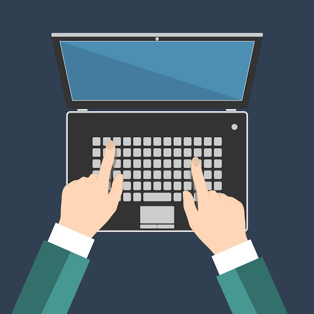 Mão de empresário no teclado do laptop com monitor de tela em branco, ilustração vetorial plana, EPS10