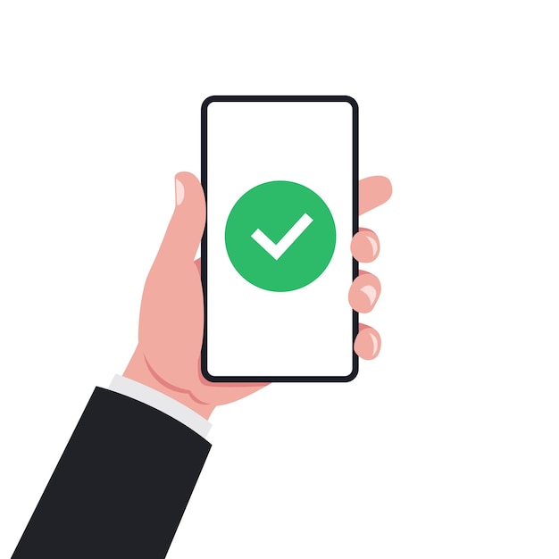 Mão de empresário segurando smartphone com marca de seleção verde na tela Vector illustrationxA