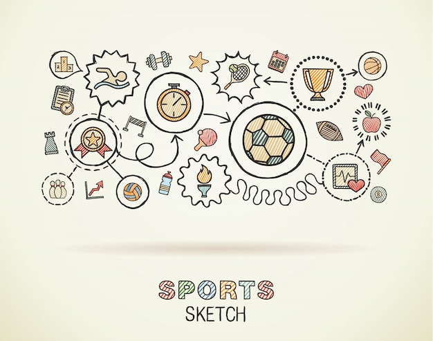 Mão de esporte desenhar ícones integrados definido no papel. ilustração infográfico desenho colorido. pictogramas de cor doodle conectado, natação, futebol, futebol, jogo, fitness, conceito de atividade