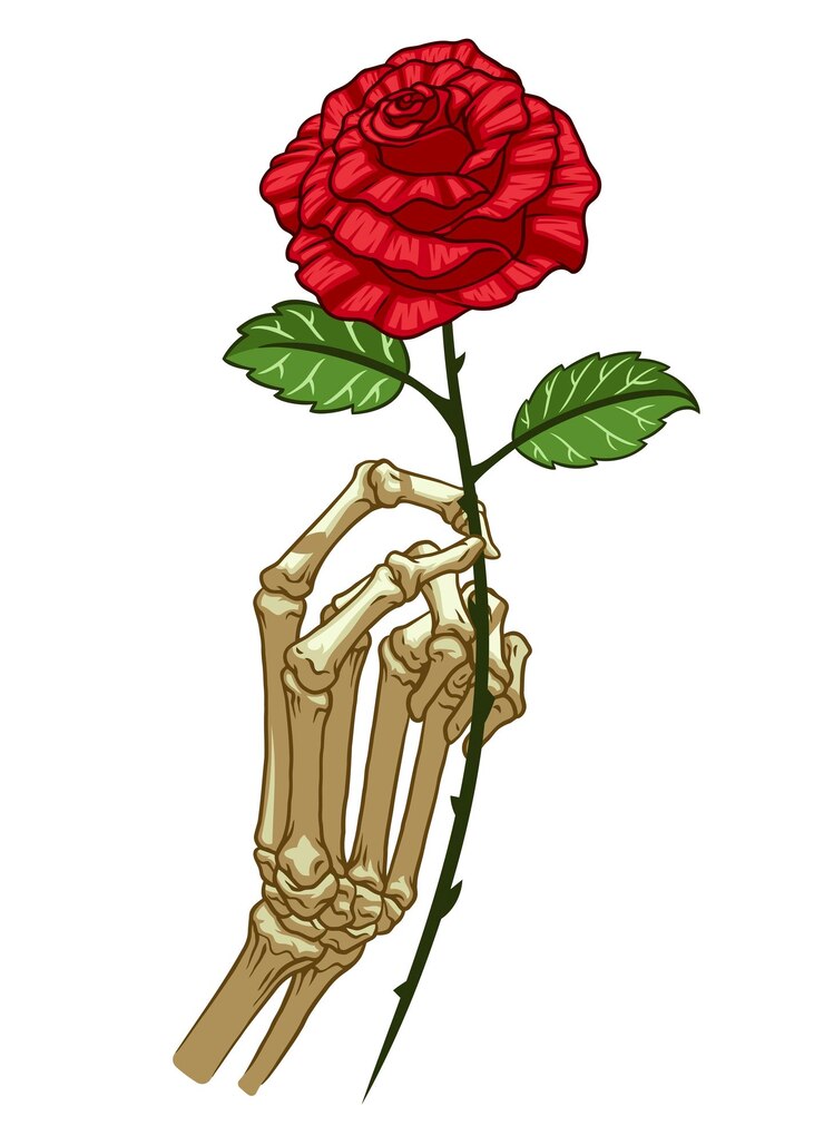 Vetor mão de esqueleto segurando uma mão de rosa desenhada