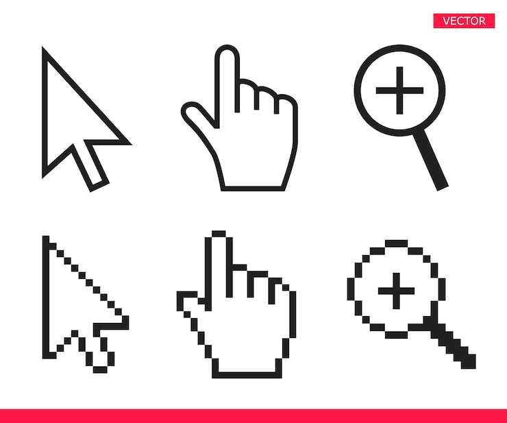 Vetor mão de flecha preta e branca e lupa ícones do cursor do rato ilustração vetorial