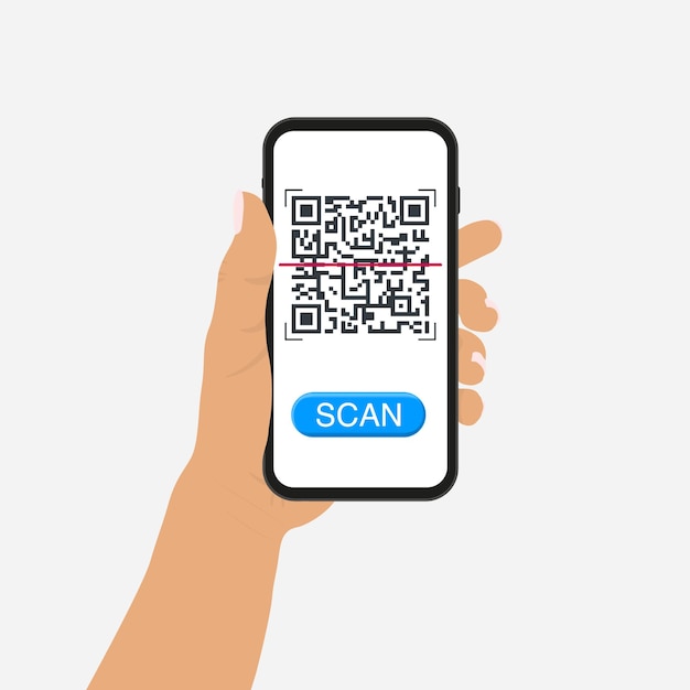 Mão de homem segurando um telefone e escaneando o código QR Tecnologia de scanner de código de barras Ilustração vetorial plana