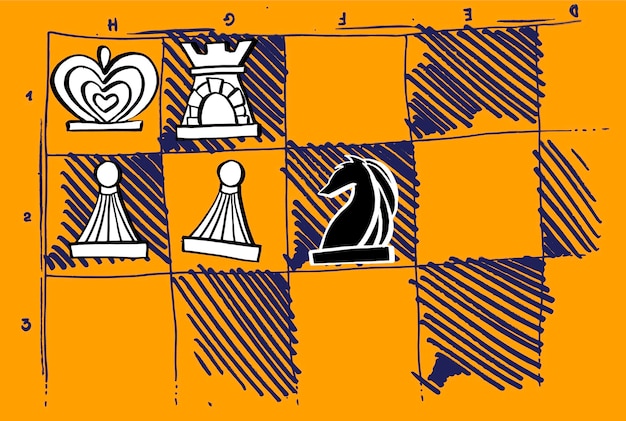 Mão de ilustração vetorial desenhada. parte do tabuleiro de xadrez com peças.  posição de jogo de mate sufocada.