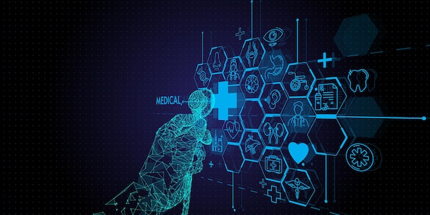 Mão de médico de baixo polígono com estetoscópio e ícone Ui médico no hospital com tecnologia médica
