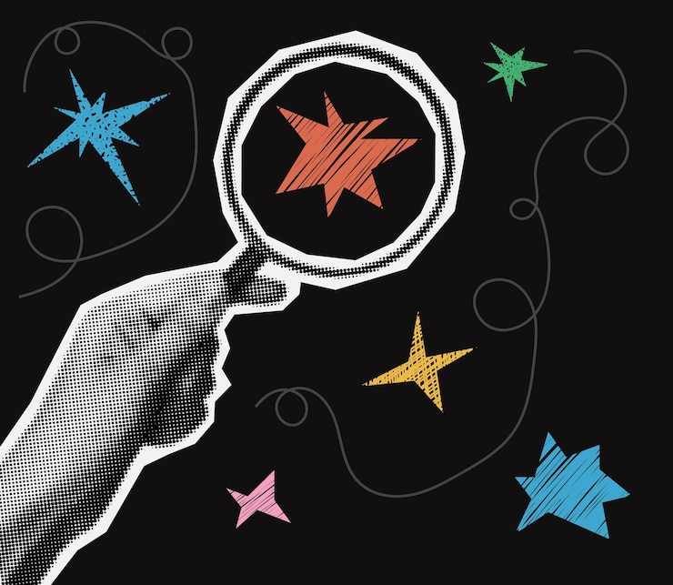 Vetor mão de meio tom segurando lupa e busca em forma de estrela abstrata em estilo vintage retro banner criativo