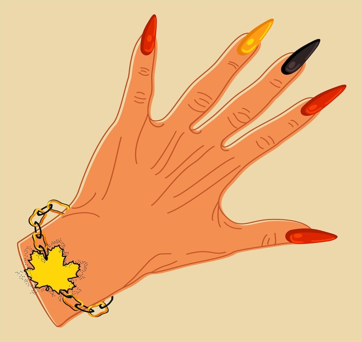 Vetor mão de mulher com unhas compridas e brilhantes e pulseira com folha de plátano. conceito de outono.