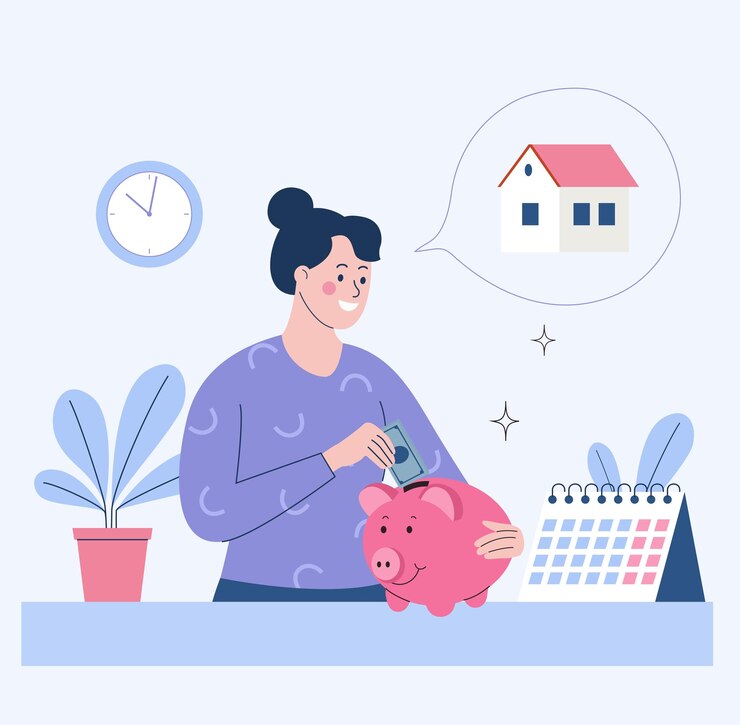 Vetor mão de mulher investindo uma moeda em um cofrinho e sonha com uma casa ilustração vetorial de estilo plano