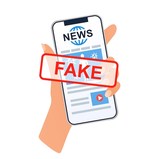 Vetor mão de notícias falsas segurando smartphone com site de notícias