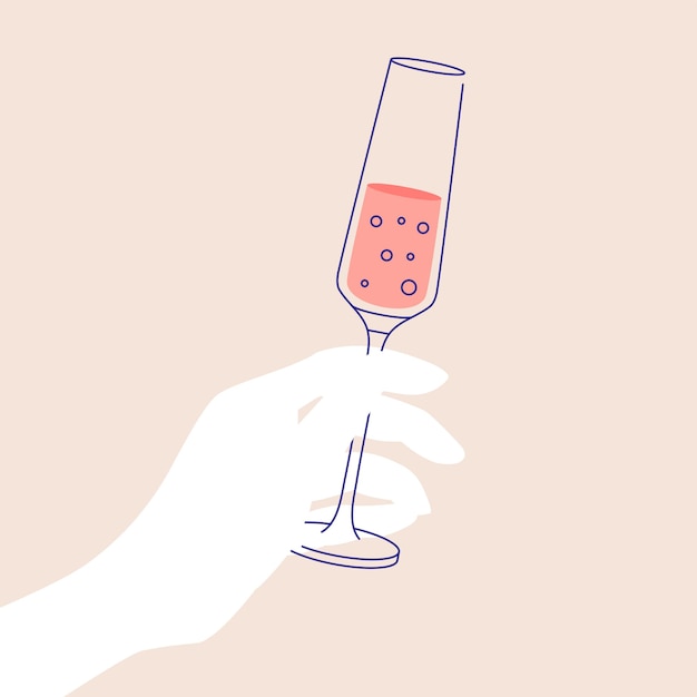 Mão de uma mulher segurando o copo de vinho espumante ilustração plana para convites de cartões