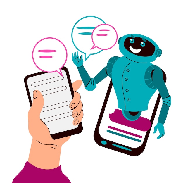 Vetor mão de usuários segurando o telefone com ilustração vetorial de desenho animado do aplicativo chatbot isolada