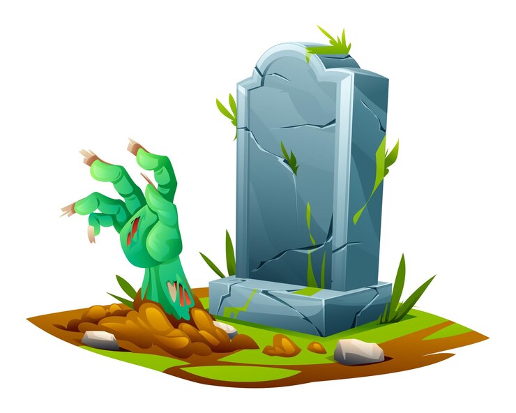 Vetor mão de zumbi levantando-se de uma sepultura ao lado de uma lápide em um cemitério assustador ilustração de desenho animado vetorial