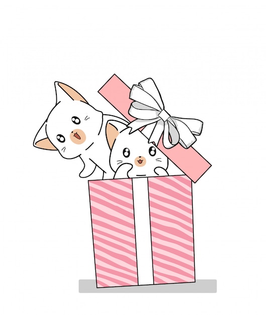 Mão desenhada 2 gatos kawaii na caixa de presente rosa
