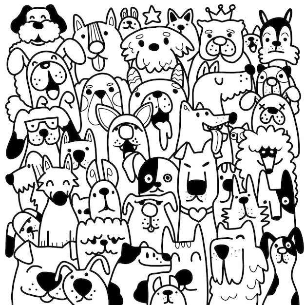 Vetor mão desenhada abstract cute comics characters.pattern com cachorro. cara de cachorro fofo. doodle papel de parede dos desenhos animados. ilustração.