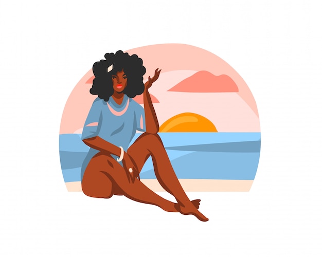 Vetor mão desenhada abstrata ilustração gráfica conservada em estoque com a fêmea jovem feliz beleza negra, sentado na cena da praia ao pôr do sol no fundo branco