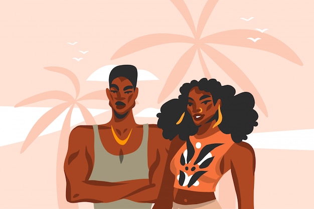 Mão desenhada abstrata ilustração gráfica conservada em estoque com jovem, feliz casal de beleza negra em roupa de moda na cena do pôr do sol na praia em fundo rosa pastel