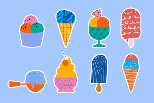 Mão desenhada adesivos diferentes tipos de sorvete