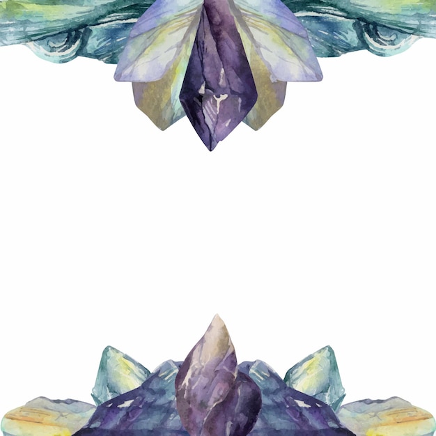 Vetor mão desenhada aquarela ilustração jóia preciosa gema cristal chakra pedra de nascimento ametista aquamarine moonstone lapis quadro quadrado isolado em fundo branco design loja de impressão jóias moda