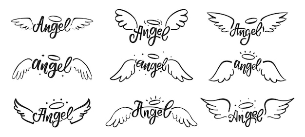 Mão desenhada asas de anjo doodles tatuagem de penas sagradas angelicais com conjunto de letras