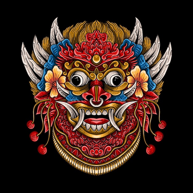 Mão desenhada barong rangda bali ornamento de estilo de gravura com decoração de mandala isolada