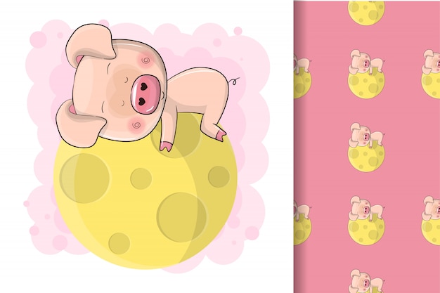 Mão desenhada bebê fofo porco dormir na lua