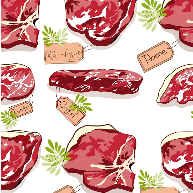 Vetor mão desenhada carne, bife, carne bovina e suína, padrão sem emenda de grelha de cordeiro.