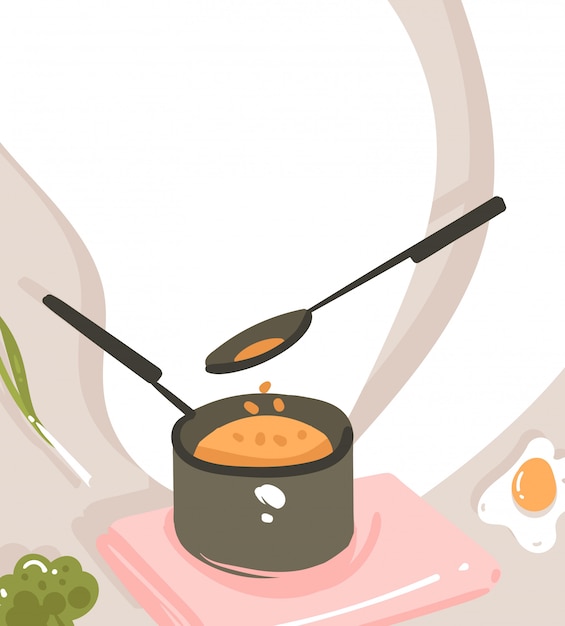 Mão desenhada cartaz de ilustrações de aula de culinária moderna abstrata dos desenhos animados com a preparação de cena de comida, panela, colher e cópia de espaço para o seu texto em fundo branco