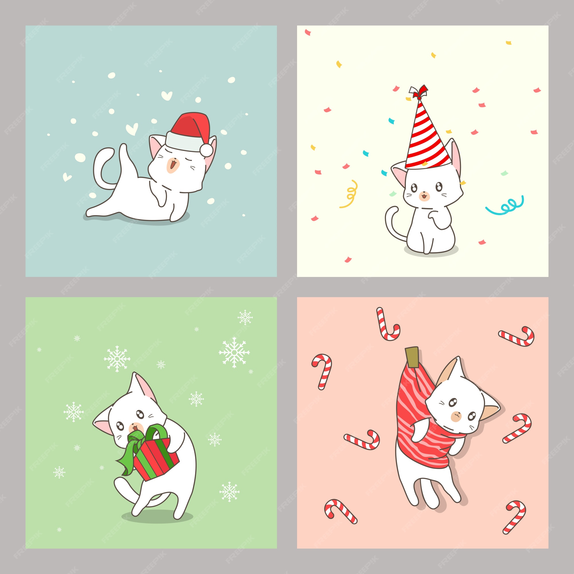 Mão Desenhada Natal Desenhos Animados Texturizados Gato Kawaii