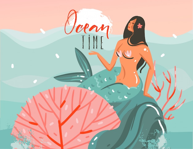 Vetor mão desenhada cartoon horário gráfico ilustrações arte modelo fundo com cena do sol oceano, menina sereia de beleza e citação da hora do oceano isolado