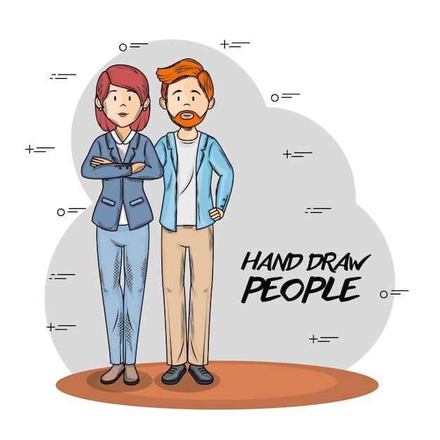 Mão desenhada casal sobre ilustração vetorial de fundo branco e cinza